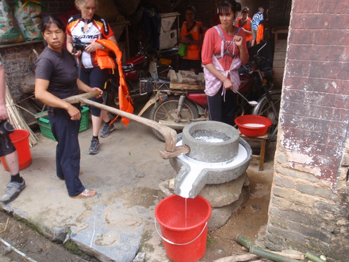 Women grinding Soy to make Soy Milk.